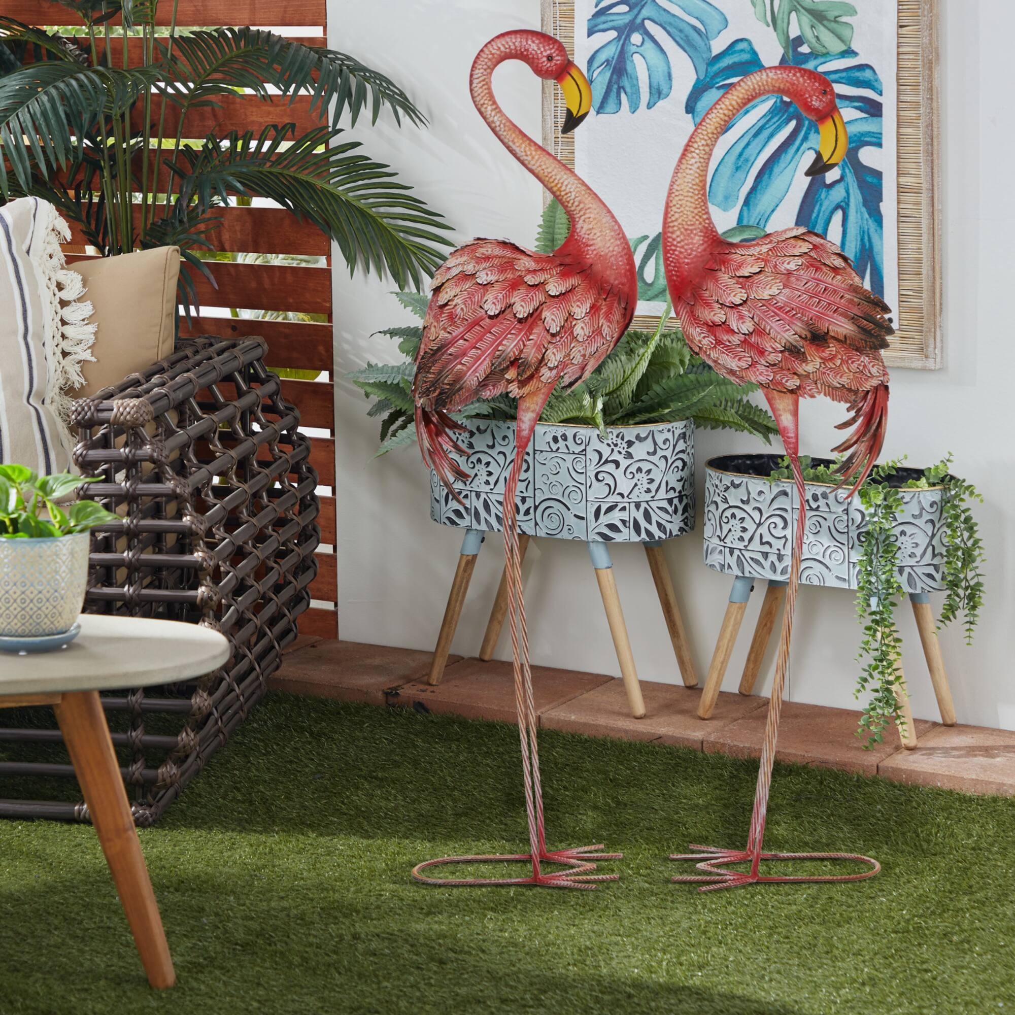 Pink Flamingo Garden Sculpture Set